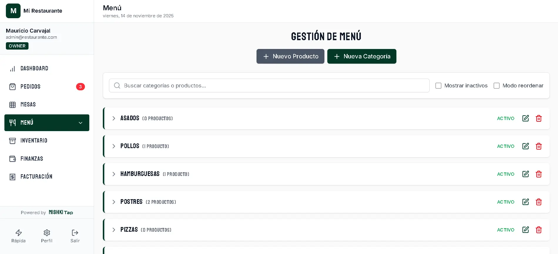 Captura real publicada por Mishkitap: gestión del menú y sus categorías.